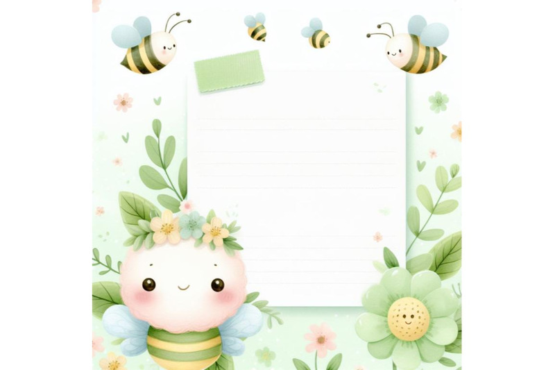 bundle-of-cute-soft-green-note-paper-with-bees-background