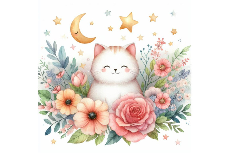 bundle-of-cute-cat-surrounded-by-flowers-and-stars