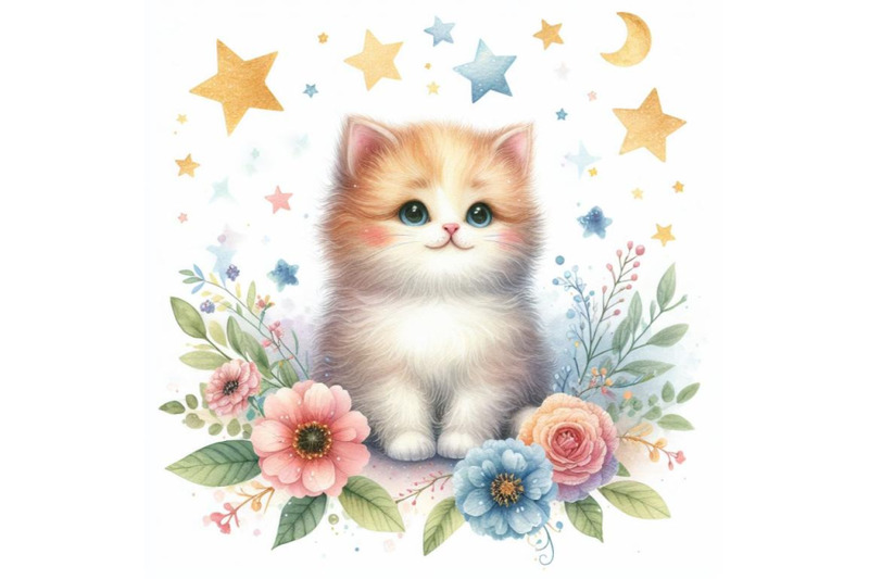 bundle-of-cute-cat-surrounded-by-flowers-and-stars