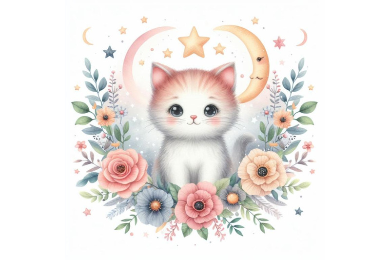 bundle-of-cute-cat-surrounded-by-flowers-and-stars