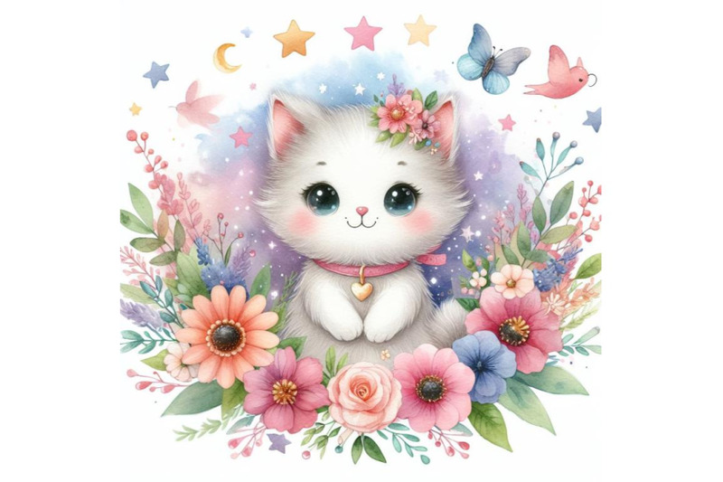 bundle-of-cute-cat-surrounded-by-flowers-and-stars