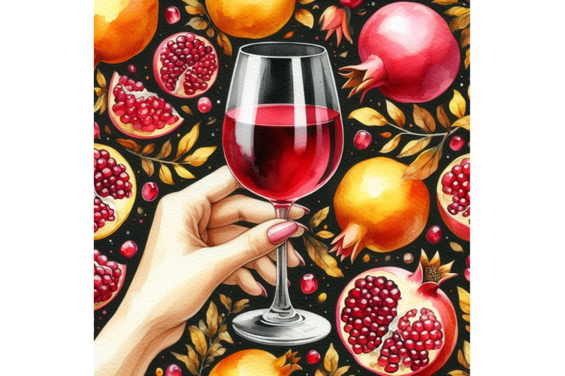 a-bundle-of-glass-of-wine-in-hand-pomegranate-fruit-with-leaves