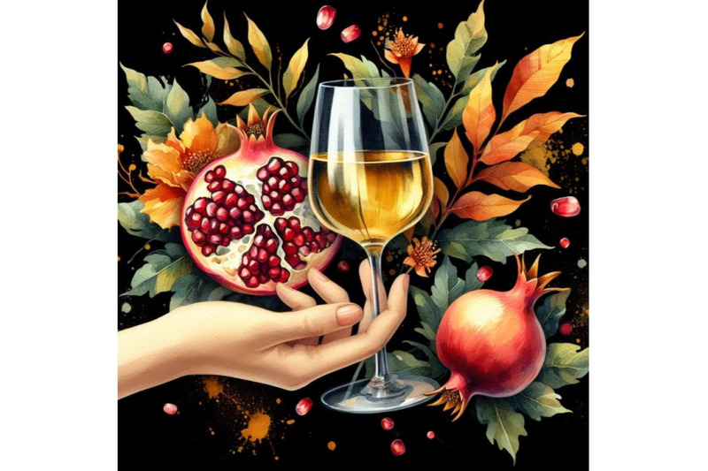 a-bundle-of-glass-of-wine-in-hand-pomegranate-fruit-with-leaves