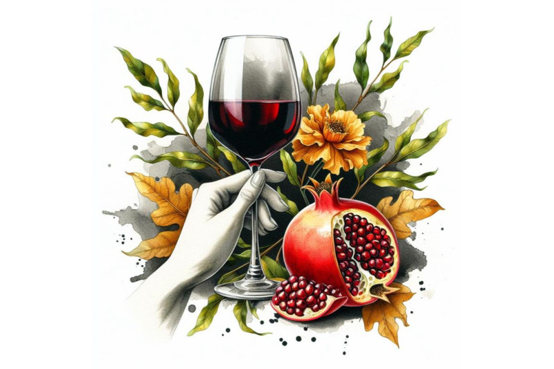 a-bundle-of-glass-of-wine-in-hand-pomegranate-fruit-with-leaves