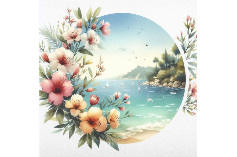 bundle-of-summer-sea-view-and-beautiful-flowers-inside-the-circle