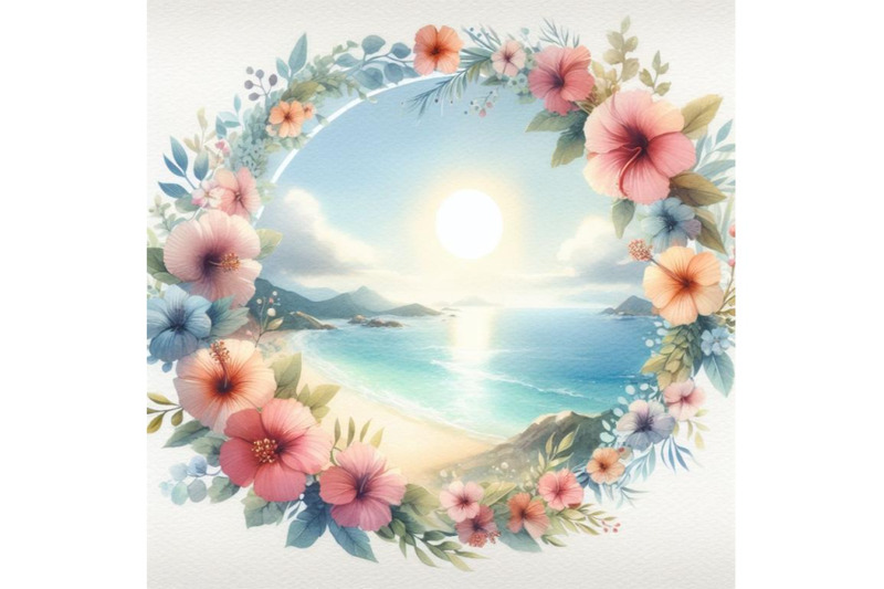 bundle-of-summer-sea-view-and-beautiful-flowers-inside-the-circle