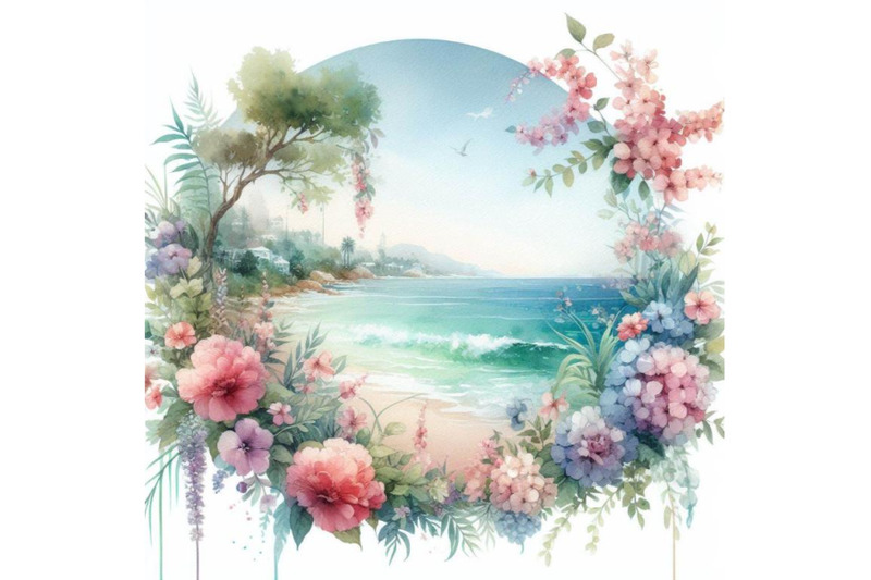 bundle-of-summer-sea-view-and-beautiful-flowers-inside-the-circle