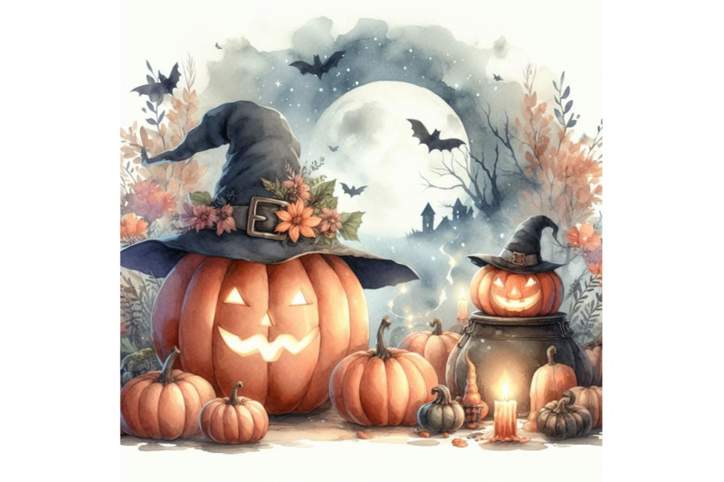 bundle-of-pumpkin-with-hat-witch-in-scene-halloween