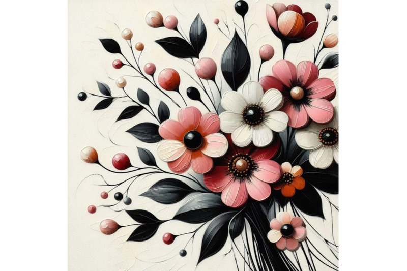 bundle-of-retro-spring-flowers-stylized-abstract-pink-and-black-flowe