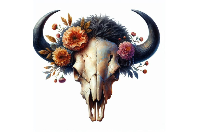 bundle-of-watercolor-buffalo-skull-isolate-on-white-background