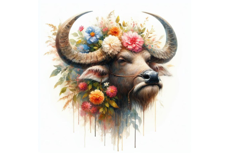 bundle-of-watercolor-buffalo-head-with-flowers-isolate-on-white-backgr