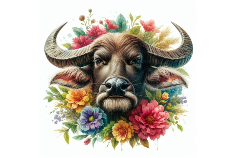 bundle-of-watercolor-buffalo-head-with-flowers-isolate-on-white-backgr