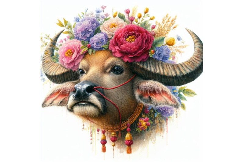 bundle-of-watercolor-buffalo-head-with-flowers-isolate-on-white-backgr