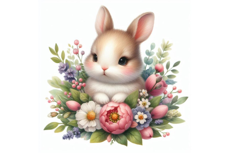 bundle-of-cute-watercolor-baby-bunny-with-flowers-isolate-on-white-bac