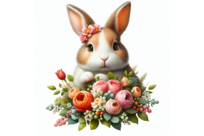 bundle-of-a-rabbit-bunny-with-a-bouquet-of-flowers-isolate-on-white-ba