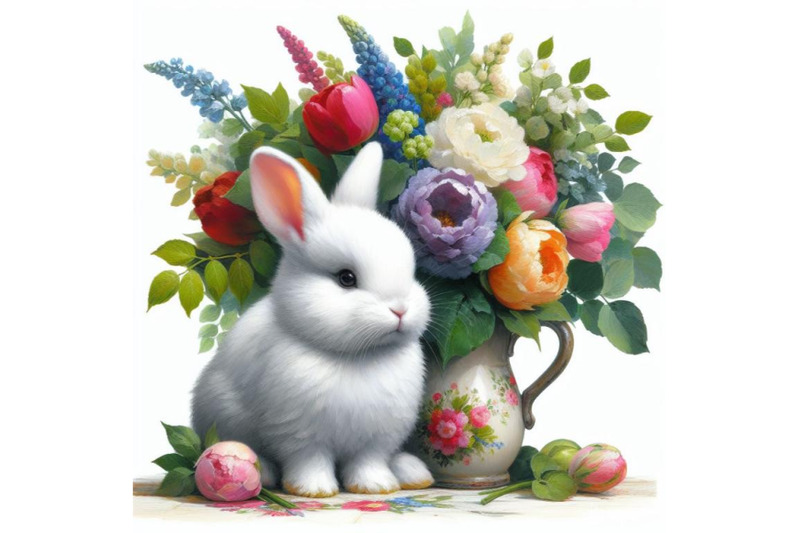 bundle-of-a-rabbit-bunny-with-a-bouquet-of-flowers-isolate-on-white-ba