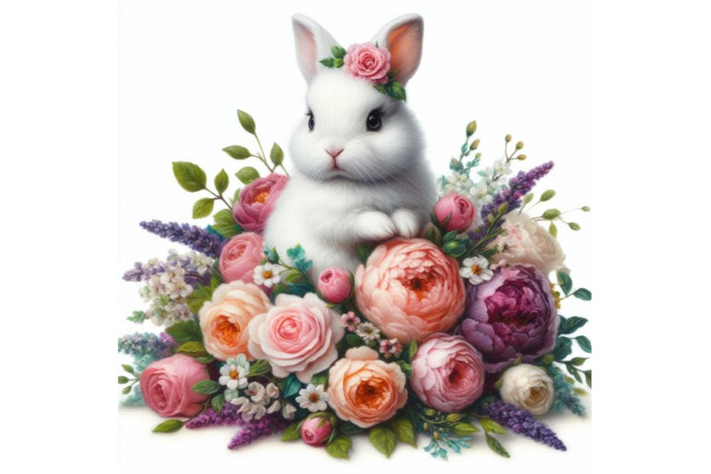 bundle-of-a-rabbit-bunny-with-a-bouquet-of-flowers-isolate-on-white-ba