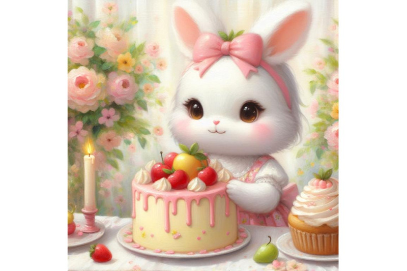 bundle-of-cute-little-bunny-girl-with-cake-isolate-on-white-backgroun