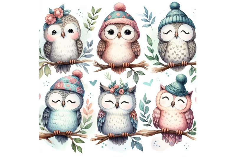 bundle-of-five-different-funny-owls-sitting-on-a-branch