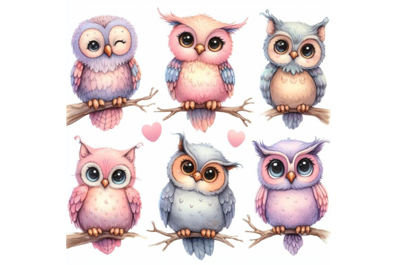 bundle-of-five-different-funny-owls-sitting-on-a-branch