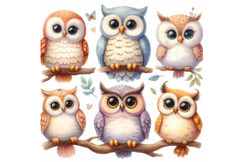 bundle-of-five-different-funny-owls-sitting-on-a-branch