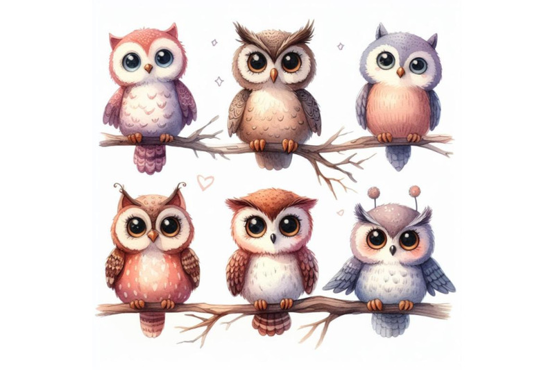 bundle-of-five-different-funny-owls-sitting-on-a-branch