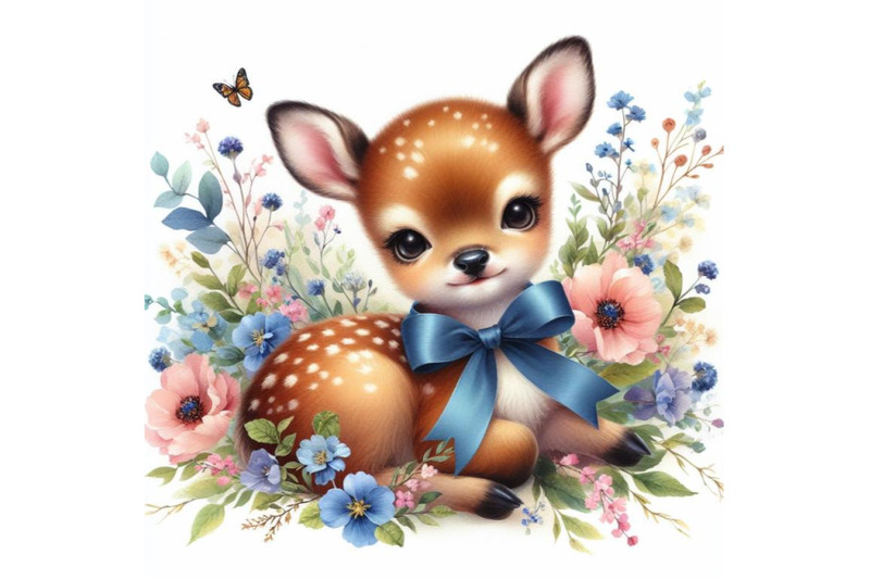 bundle-of-cute-watercolor-baby-deer-with-the-blue-ribbon-surrounded-by