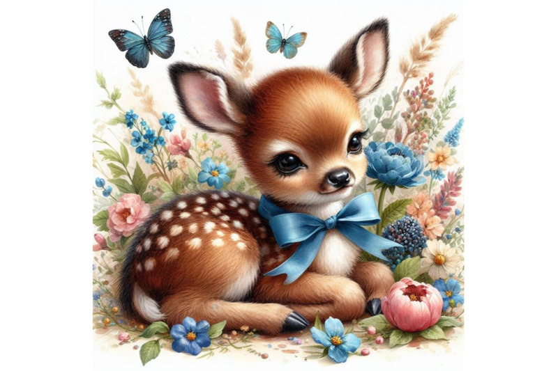 bundle-of-cute-watercolor-baby-deer-with-the-blue-ribbon-surrounded-by