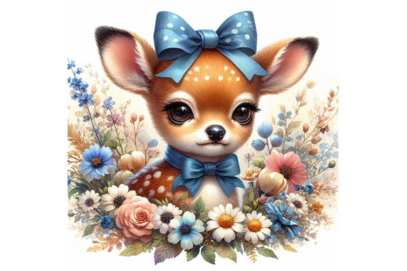 bundle-of-cute-watercolor-baby-deer-with-the-blue-ribbon-surrounded-by