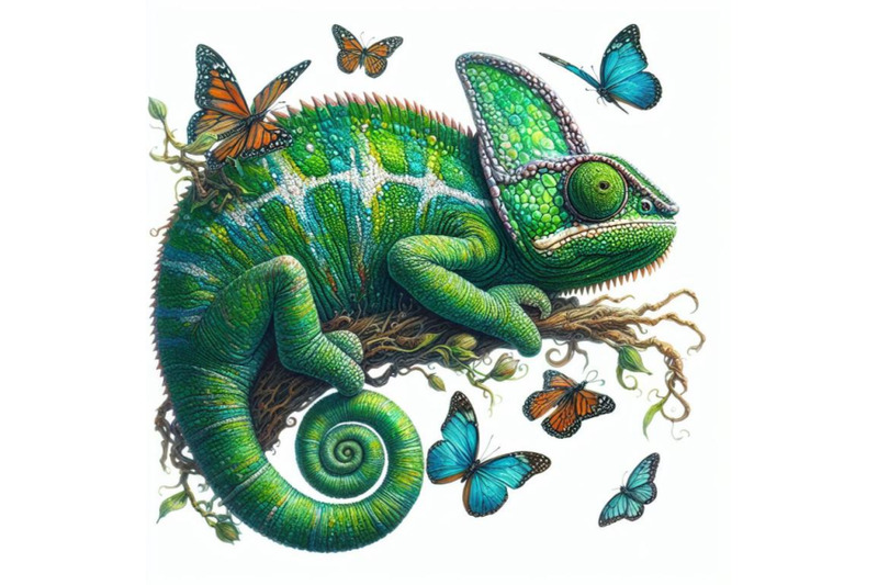 bundle-of-watercolor-green-chameleon-with-butterflies-isolate-on-whit