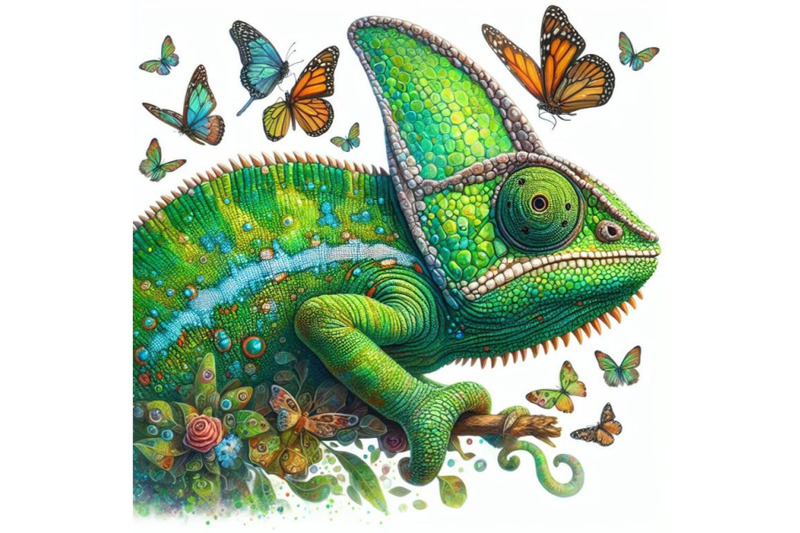 bundle-of-watercolor-green-chameleon-with-butterflies-isolate-on-whit