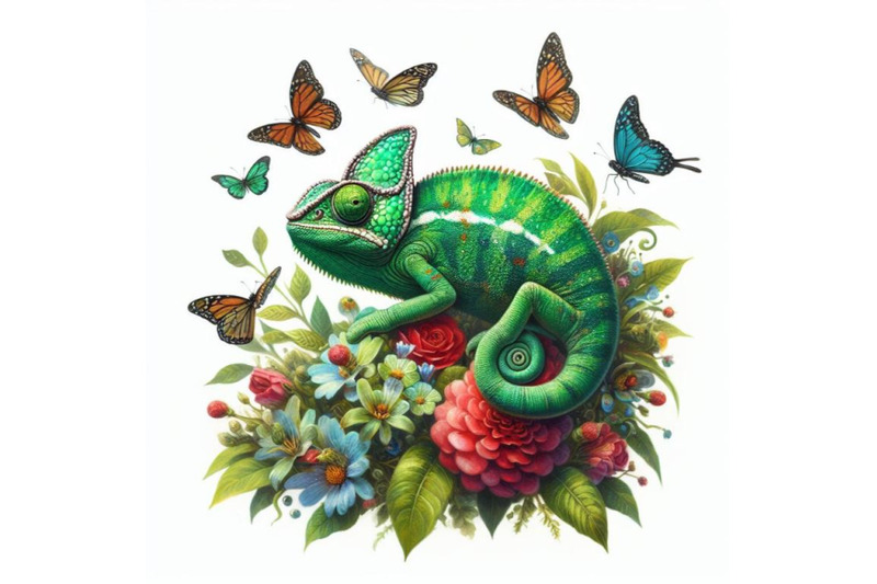 bundle-of-watercolor-green-chameleon-with-butterflies-isolate-on-whit