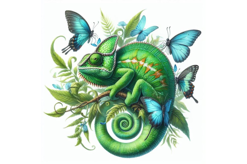 bundle-of-watercolor-green-chameleon-with-butterflies-isolate-on-whit