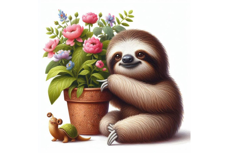 bundle-of-cute-sloth-with-a-pot-of-flowers