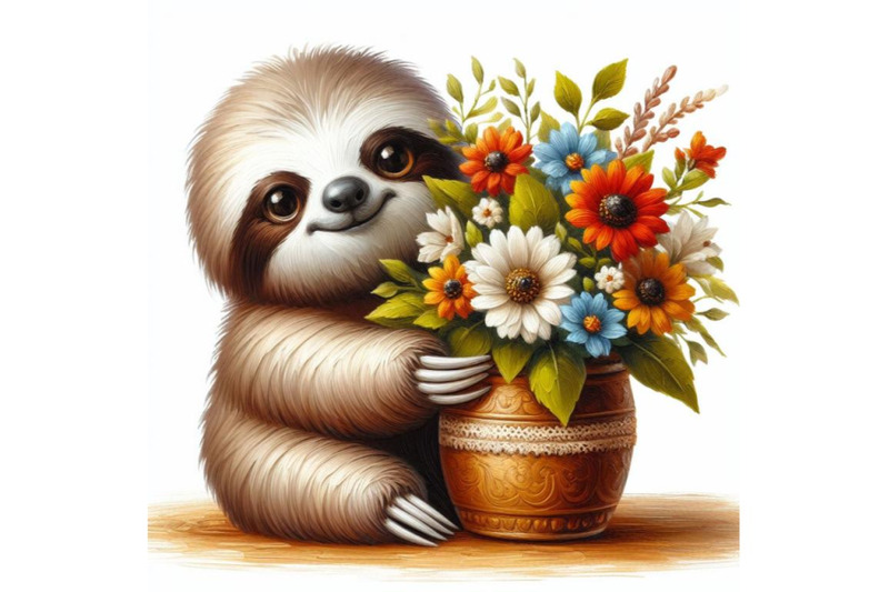 bundle-of-cute-sloth-with-a-pot-of-flowers