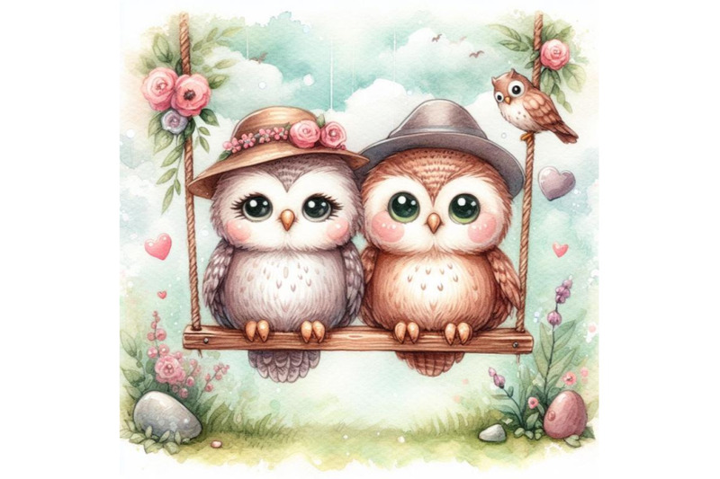 bundle-of-a-cute-couple-owls-in-love-on-a-swing