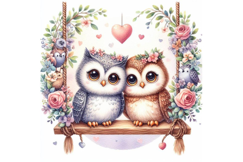 bundle-of-a-cute-couple-owls-in-love-on-a-swing