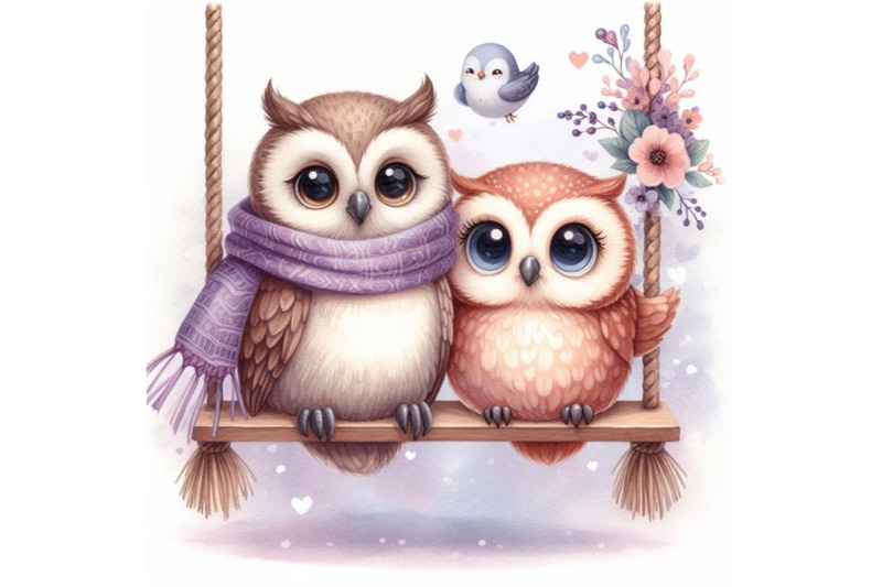 bundle-of-a-cute-couple-owls-in-love-on-a-swing