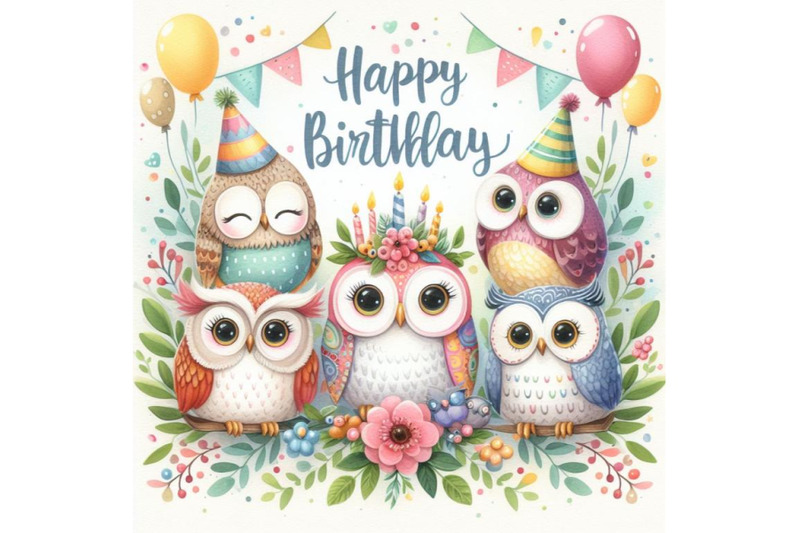 bundle-of-happy-birthday-header-with-colorful-owls