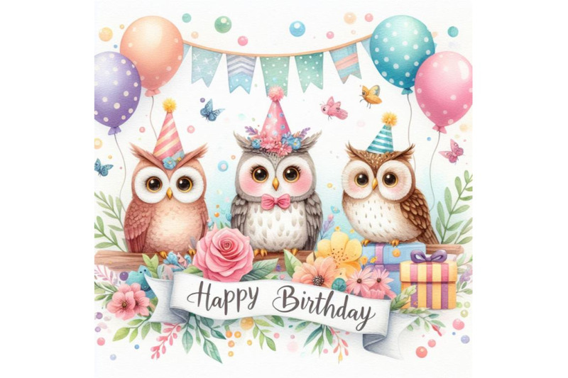 bundle-of-happy-birthday-header-with-colorful-owls