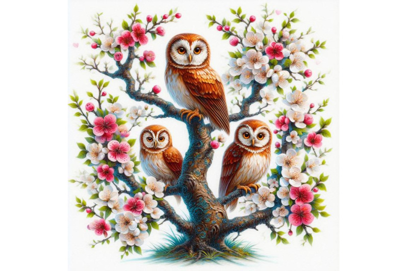 bundle-of-blooming-tree-and-branches-with-sitting-owls-and-birds