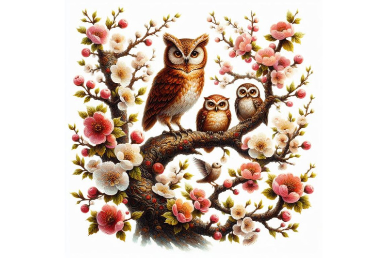 bundle-of-blooming-tree-and-branches-with-sitting-owls-and-birds