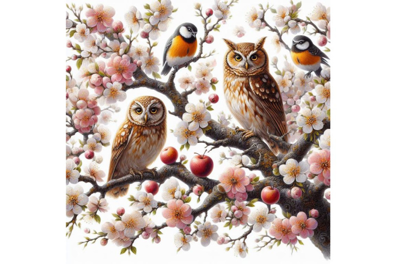 bundle-of-blooming-tree-and-branches-with-sitting-owls-and-birds