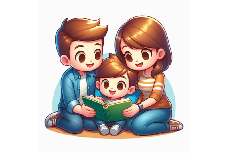 bundle-of-cartoon-mother-father-and-son-reading-a-book-together