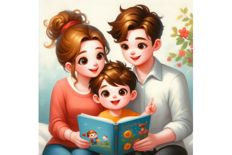 bundle-of-cartoon-mother-father-and-son-reading-a-book-together