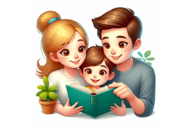 bundle-of-cartoon-mother-father-and-son-reading-a-book-together