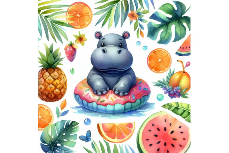 bundle-of-tropical-summer-watercolor-hippo