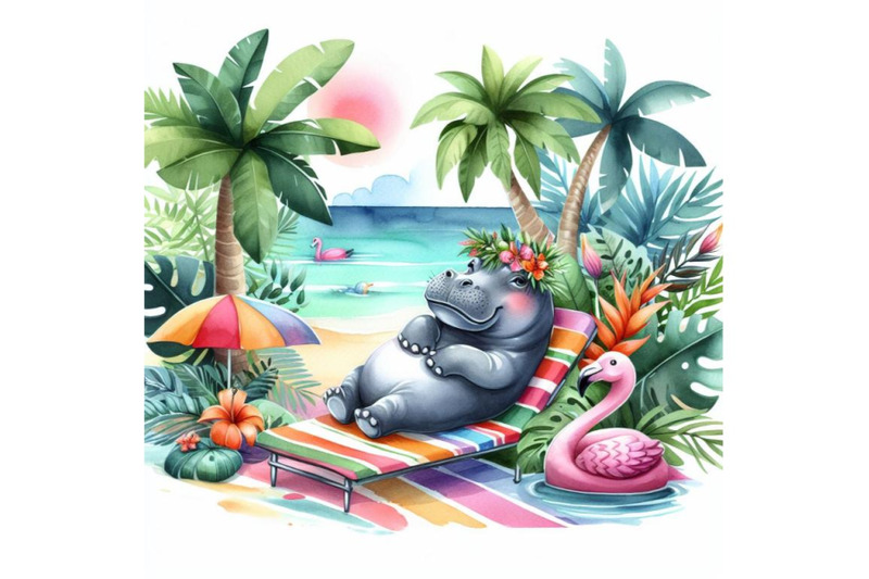 bundle-of-tropical-summer-watercolor-hippo