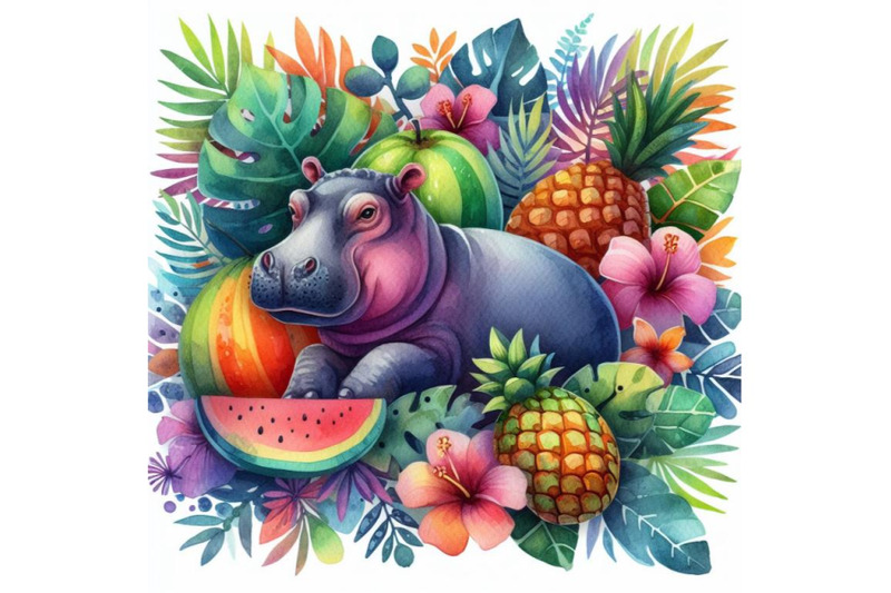 bundle-of-tropical-summer-watercolor-hippo