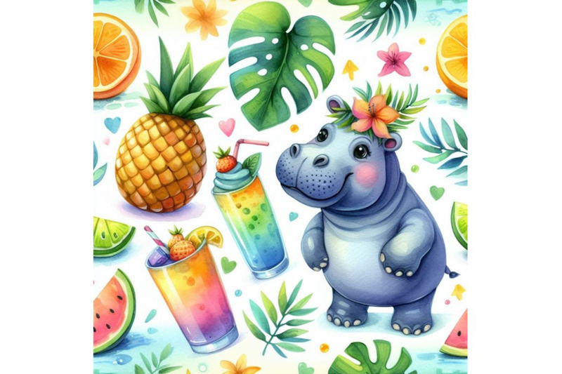 bundle-of-tropical-summer-watercolor-hippo